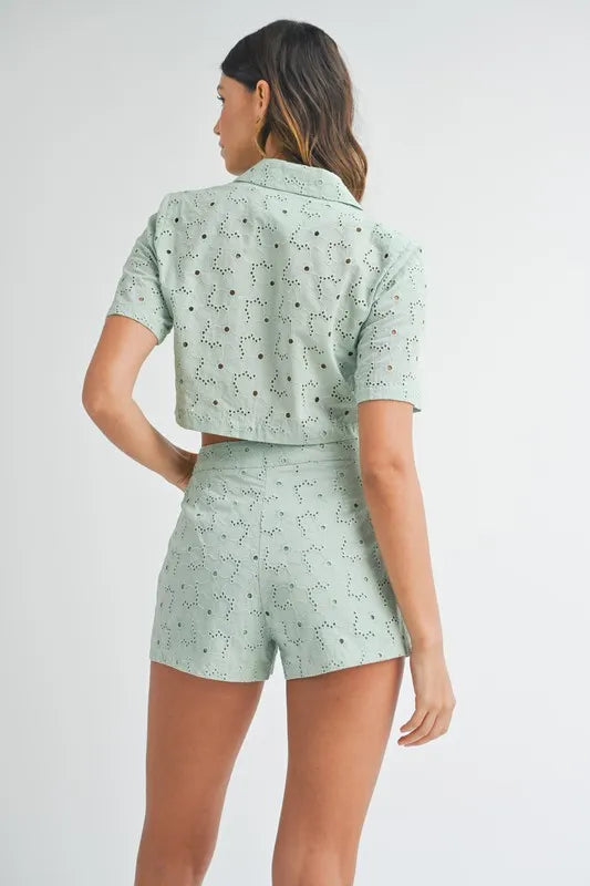 Eyelet Crop Top and Shorts Set in Mint