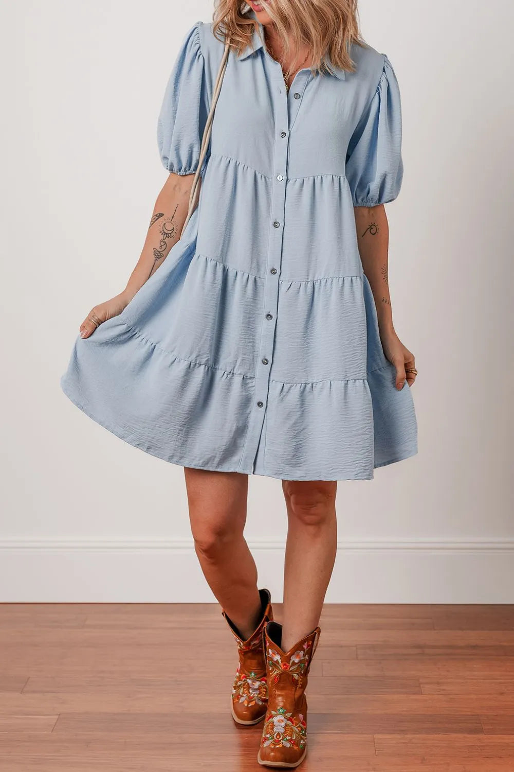 Button-Up Tiered Shirt Dress in Light Blue