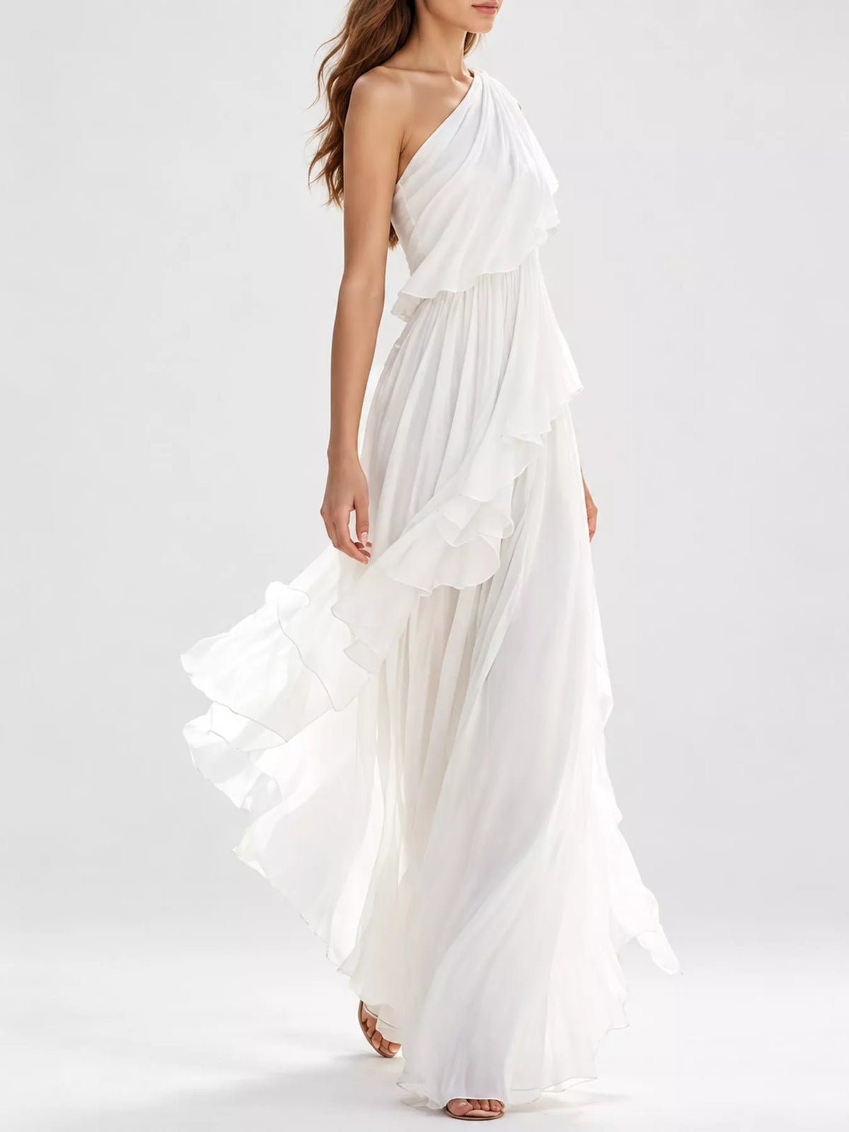 One-Shoulder Ruffled Chiffon Maxi Dress