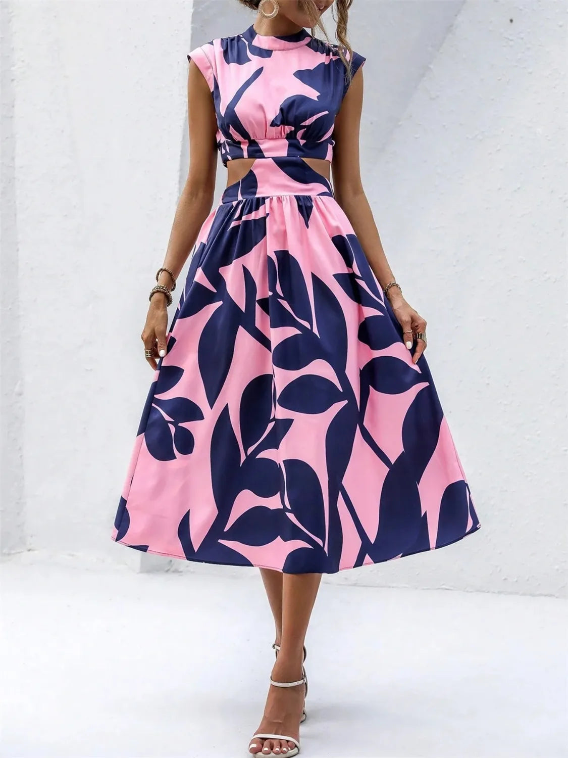 Cutout Cap Sleeve Printed Midi Dress