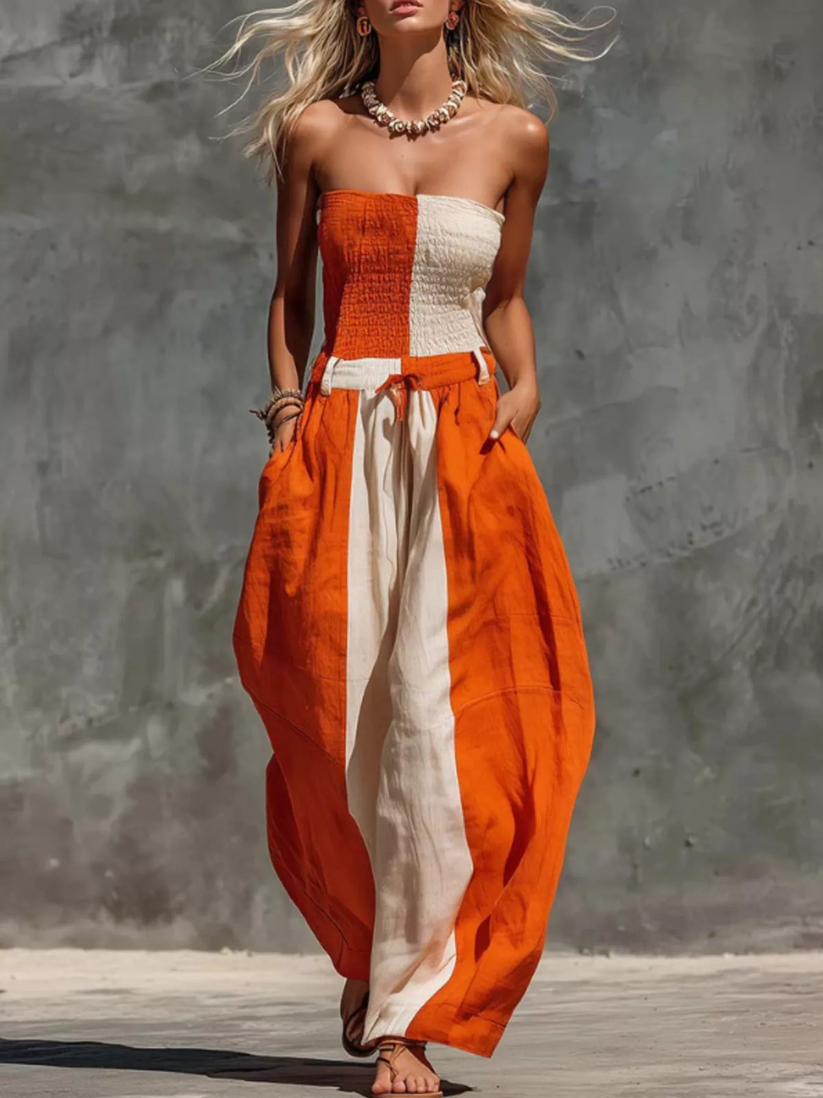 Color-Block Strapless Smocked Jumpsuit in Orange