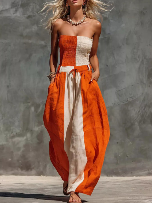Color-Block Strapless Smocked Jumpsuit in Orange