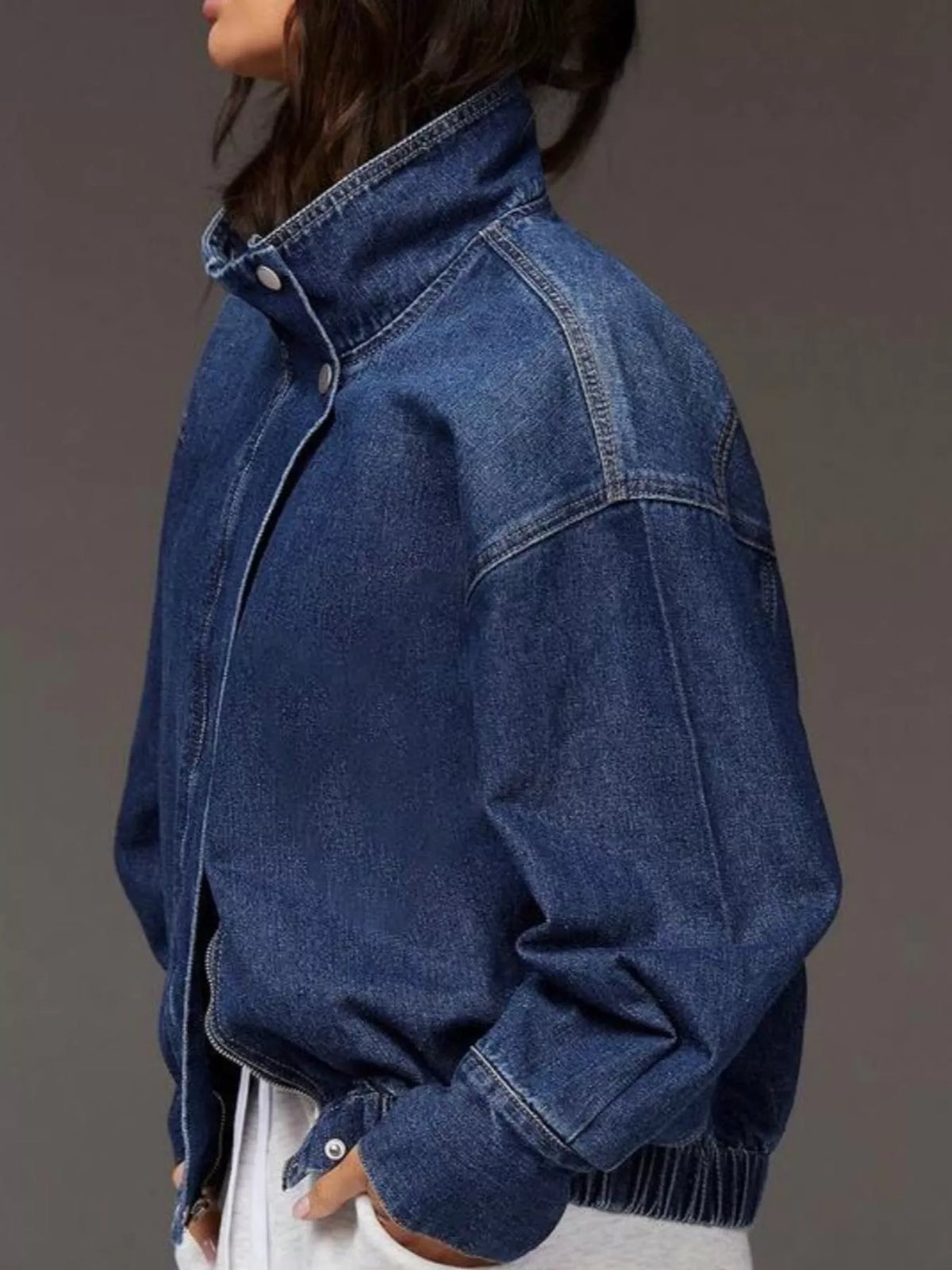 Stand-Collar Zip-Up Denim Jacket
