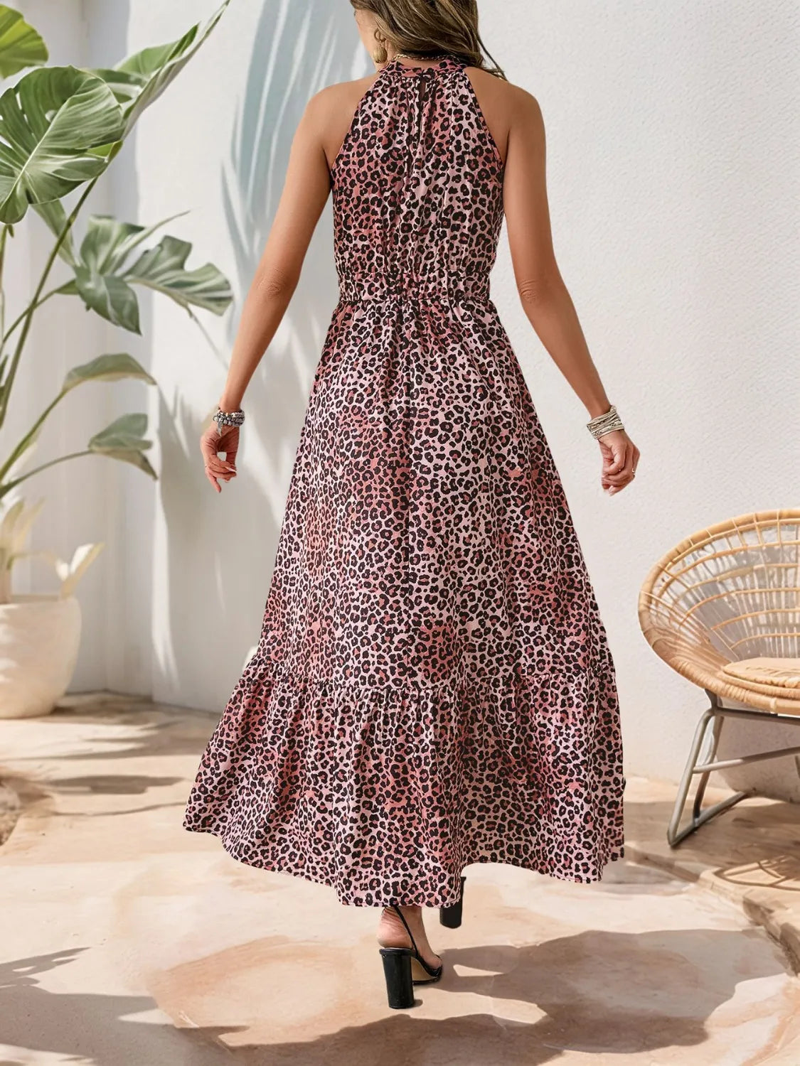 Grecian Neck Maxi Dress in Leopard Print