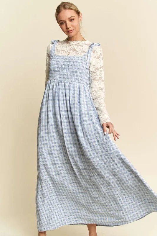 Plaid Smocked Maxi Dress in Blue