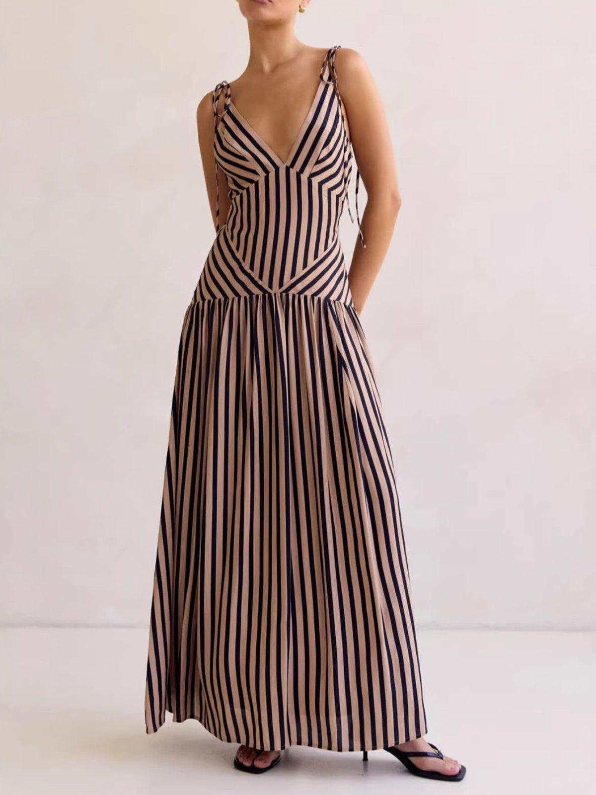Striped V-Neck Tie-Shoulder Maxi Dress in Brown