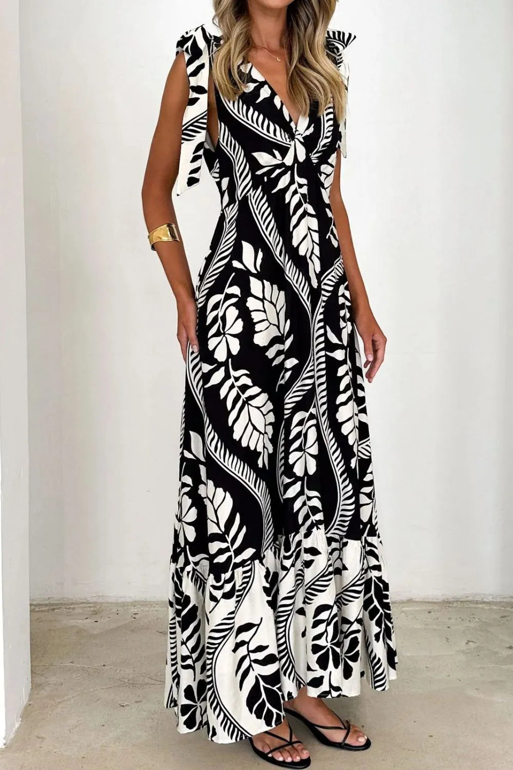 Printed Tie-Shoulder Ruched V-Neck Midi Dress