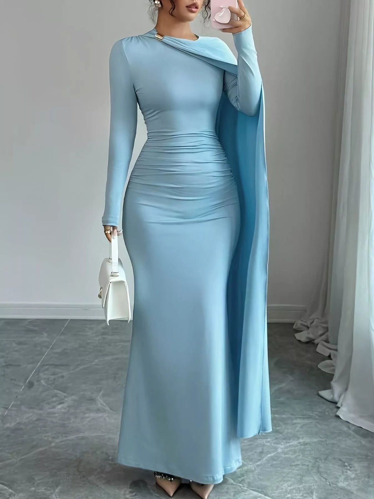Ruched Long Sleeve Maxi Dress in Sky Blue