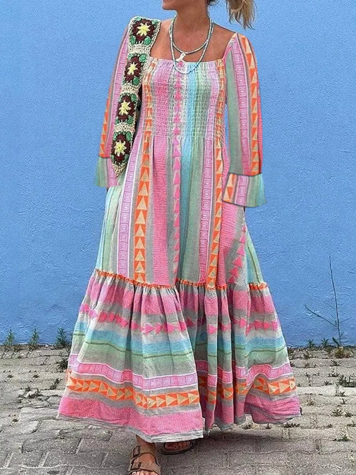 Smocked Square Neck Flounce Sleeve Maxi Dress in Pink