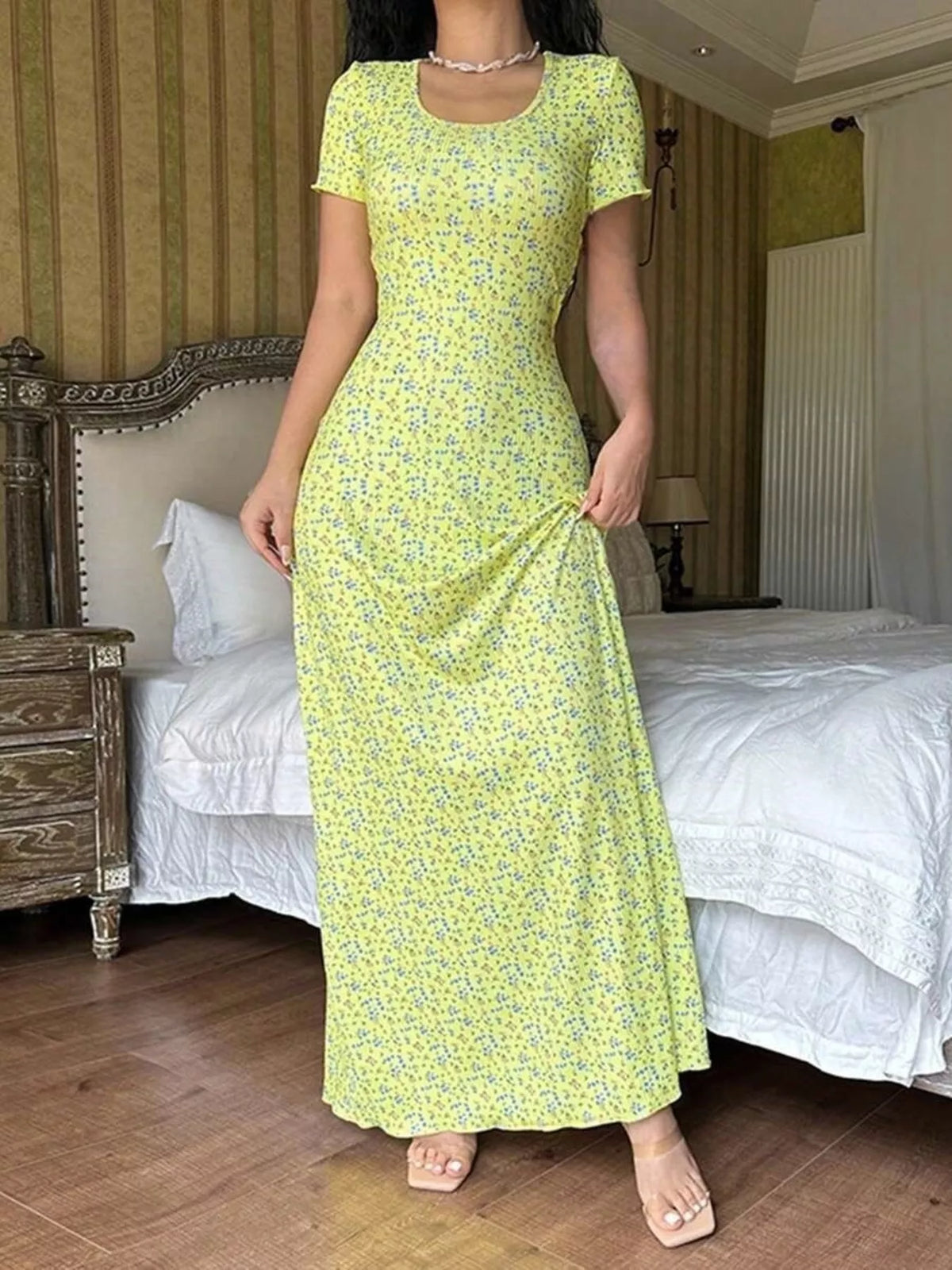 Floral Print Short Sleeve Maxi Dress