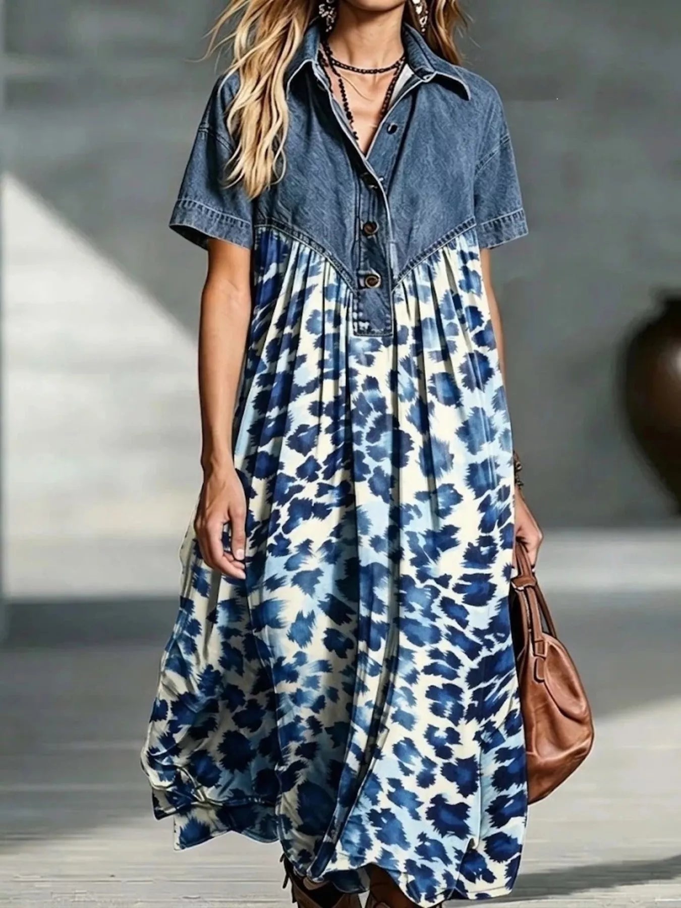 Denim Patchwork Print Shirt Dress