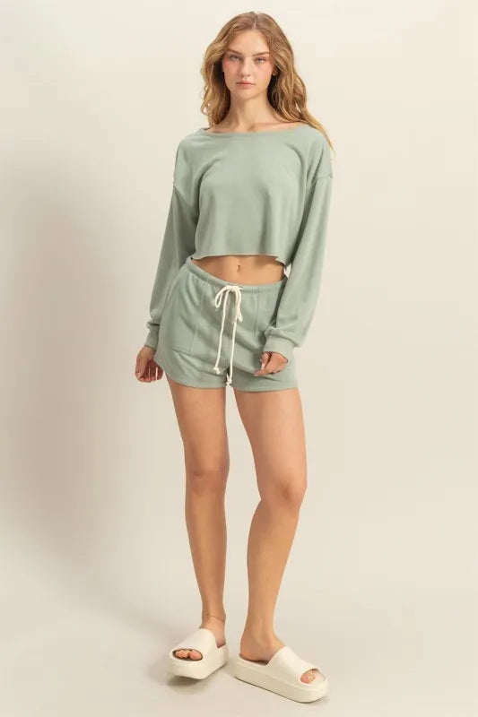Hyfve Boat Neck Long Sleeve Cropped Top in Sage Green