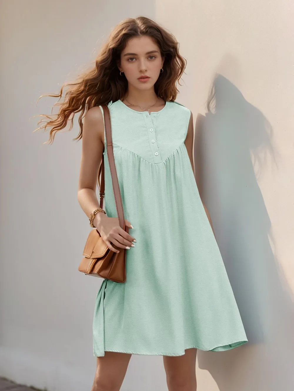 Round Neck Sleeveless Mini Dress in Light Green