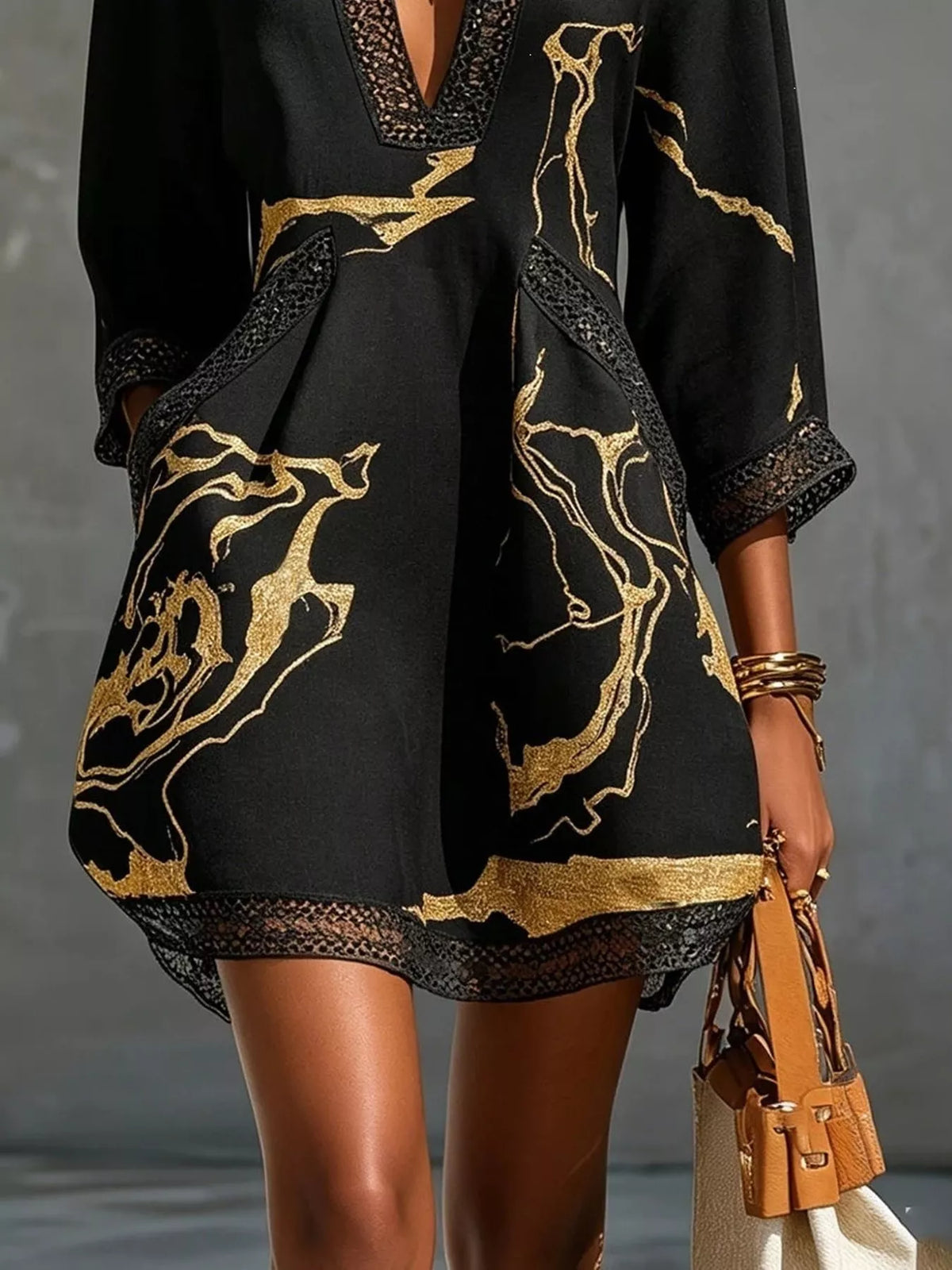 Notched 3/4 Sleeve Lace Mini Dress