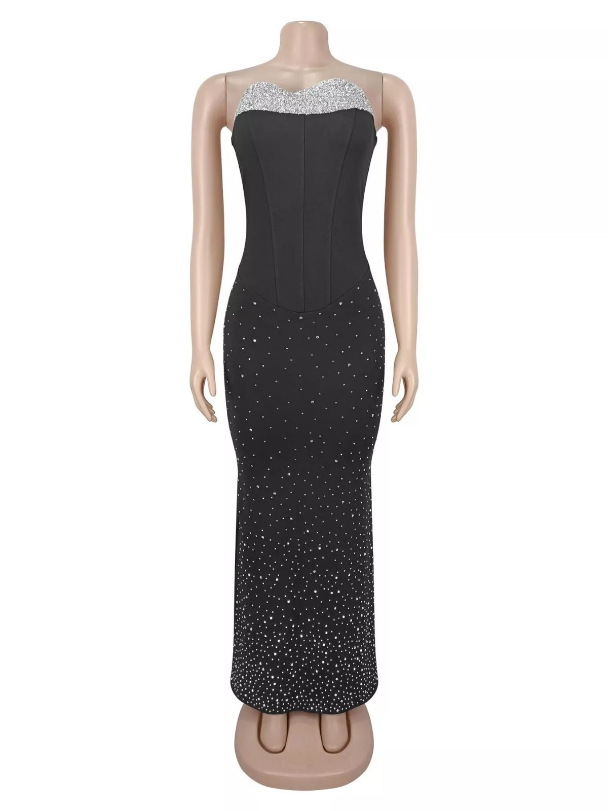 Rhinestone Slit Tube Maxi Dress in Black