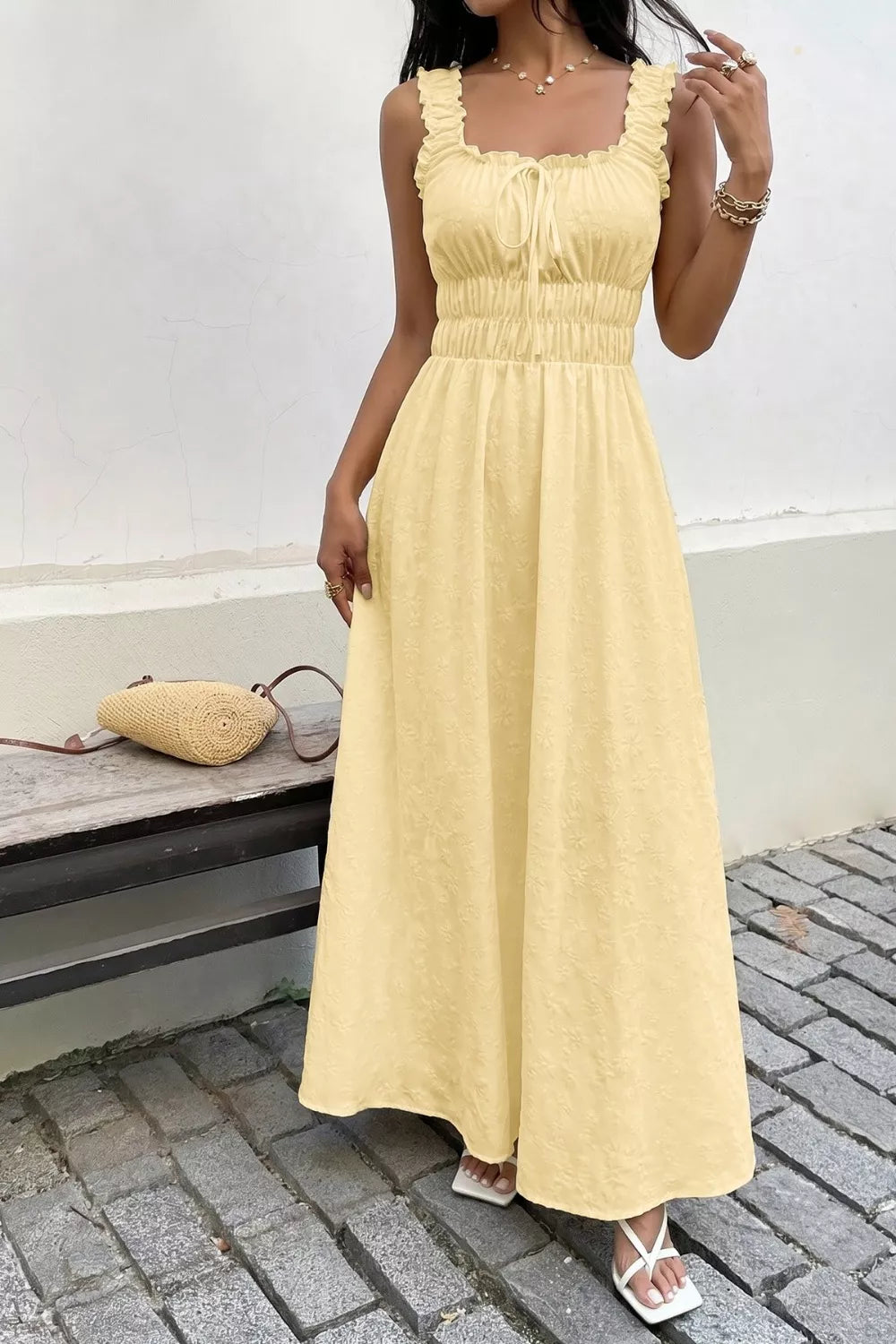 Square Neck Sleeveless Maxi Dress in Pastel Yellow