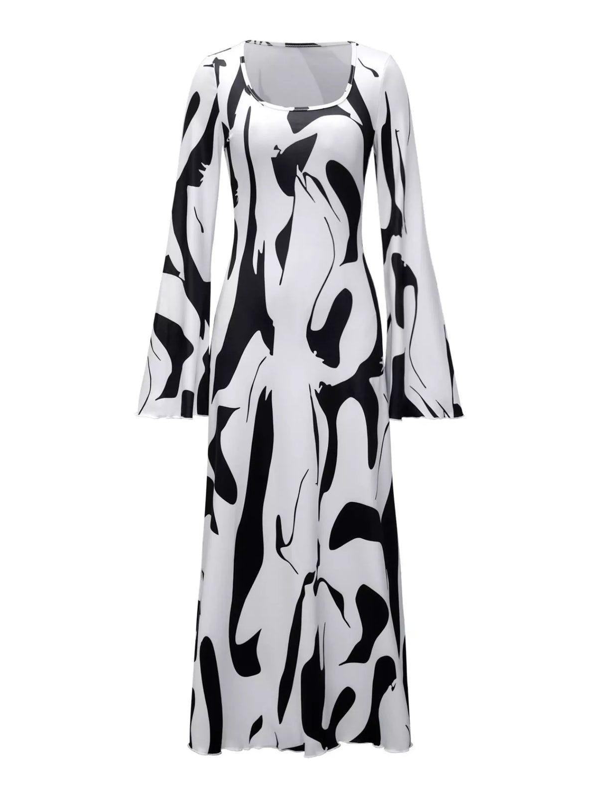 Abstract Print Long-Sleeve Maxi Dress in White Black