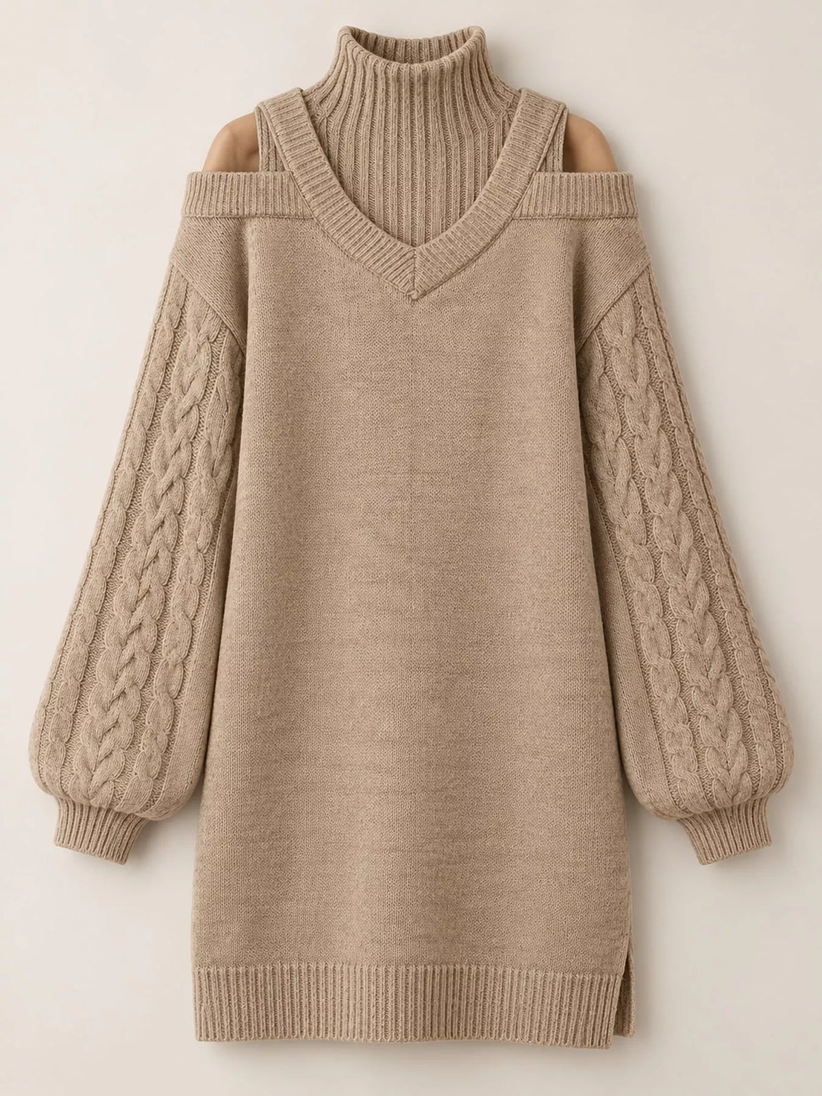 Cable-Knit Cold-Shoulder Mock-Neck Sweater Dress