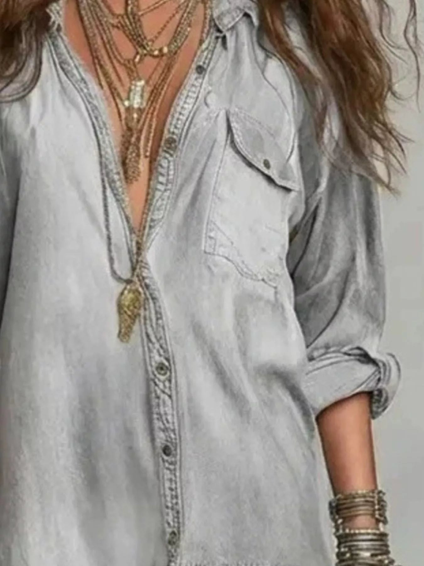 Tiered Long-Sleeve Denim Shirt Maxi Dress, Plus Size