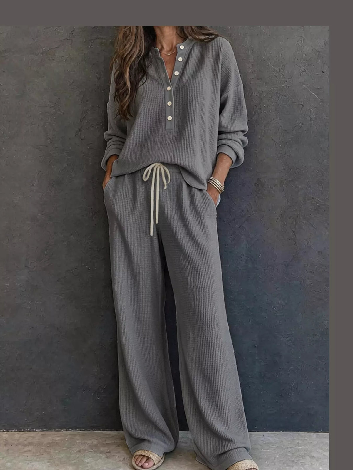 Waffle Knit Button Detail Top and Pants Set