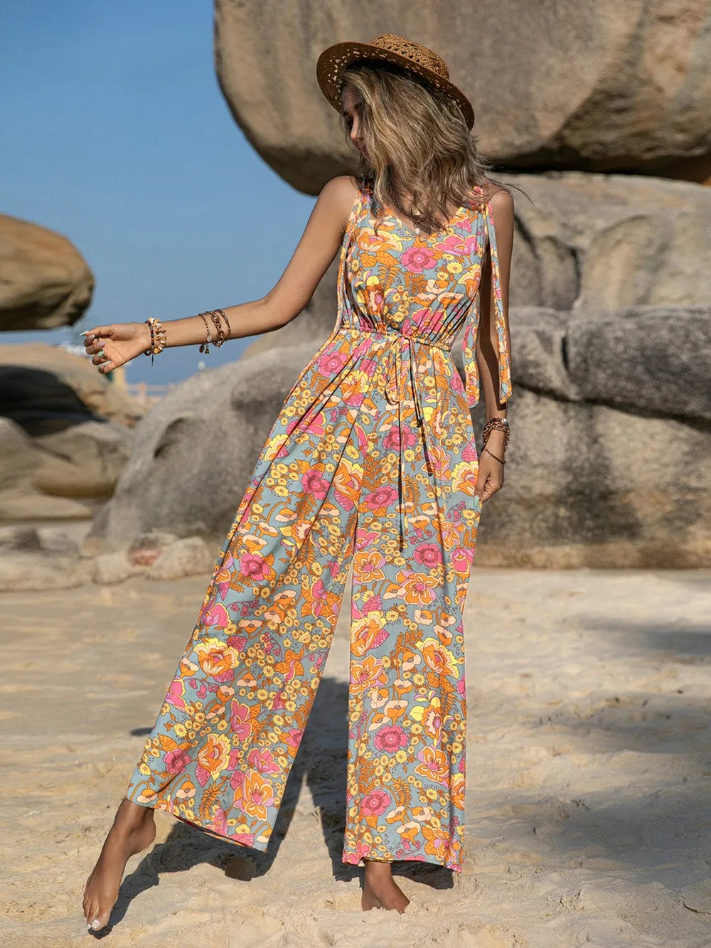 Floral V-Neck Wide Leg Jumpsuit