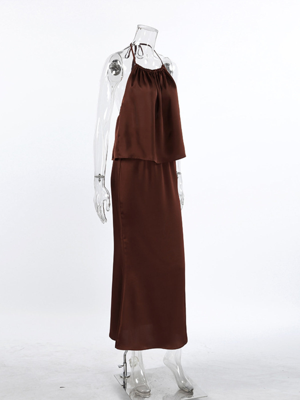 Backless Halter Maxi Dress in Brown