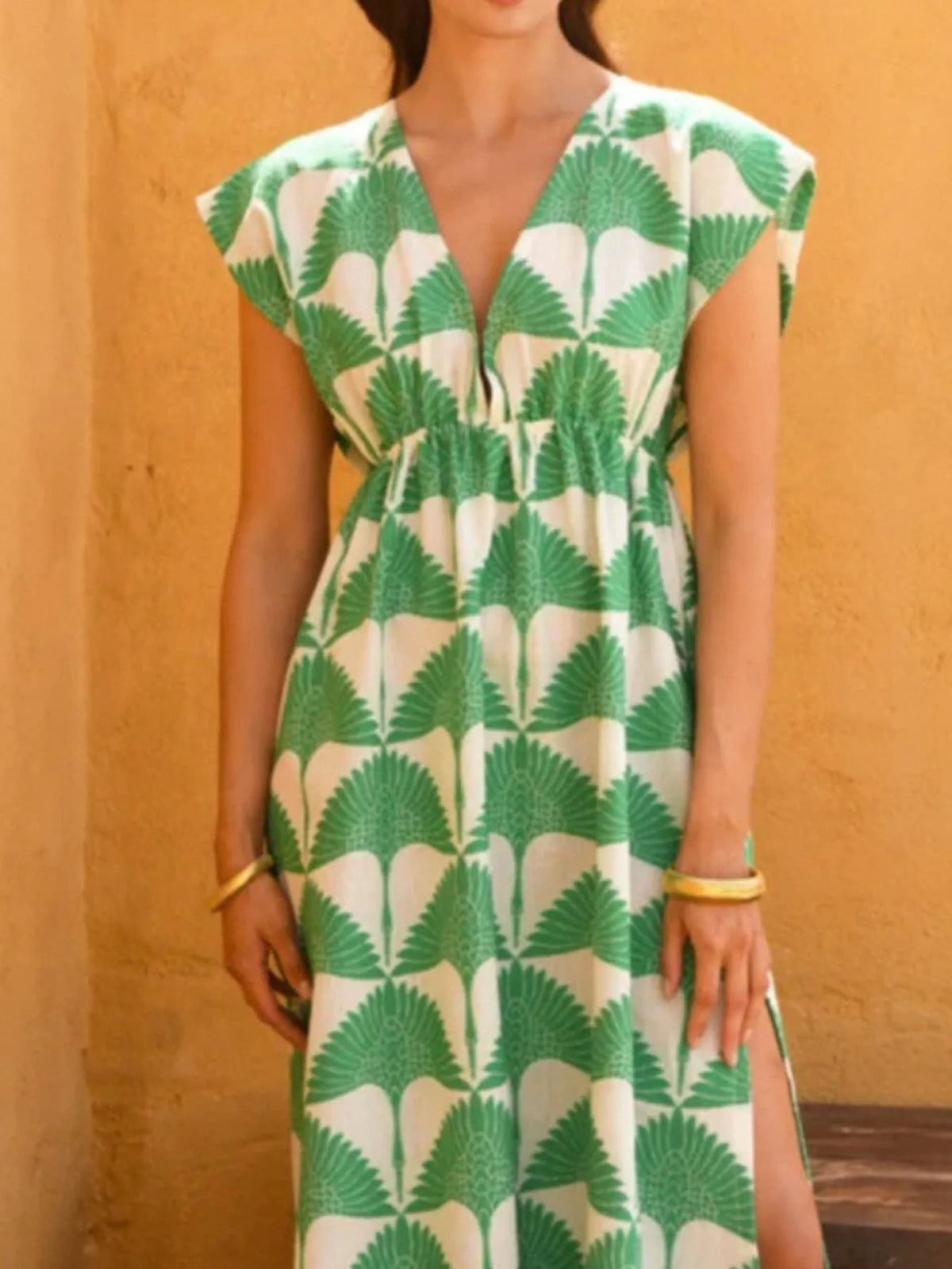 Slit V-Neck Cap Sleeve Maxi Dress by Rosaline