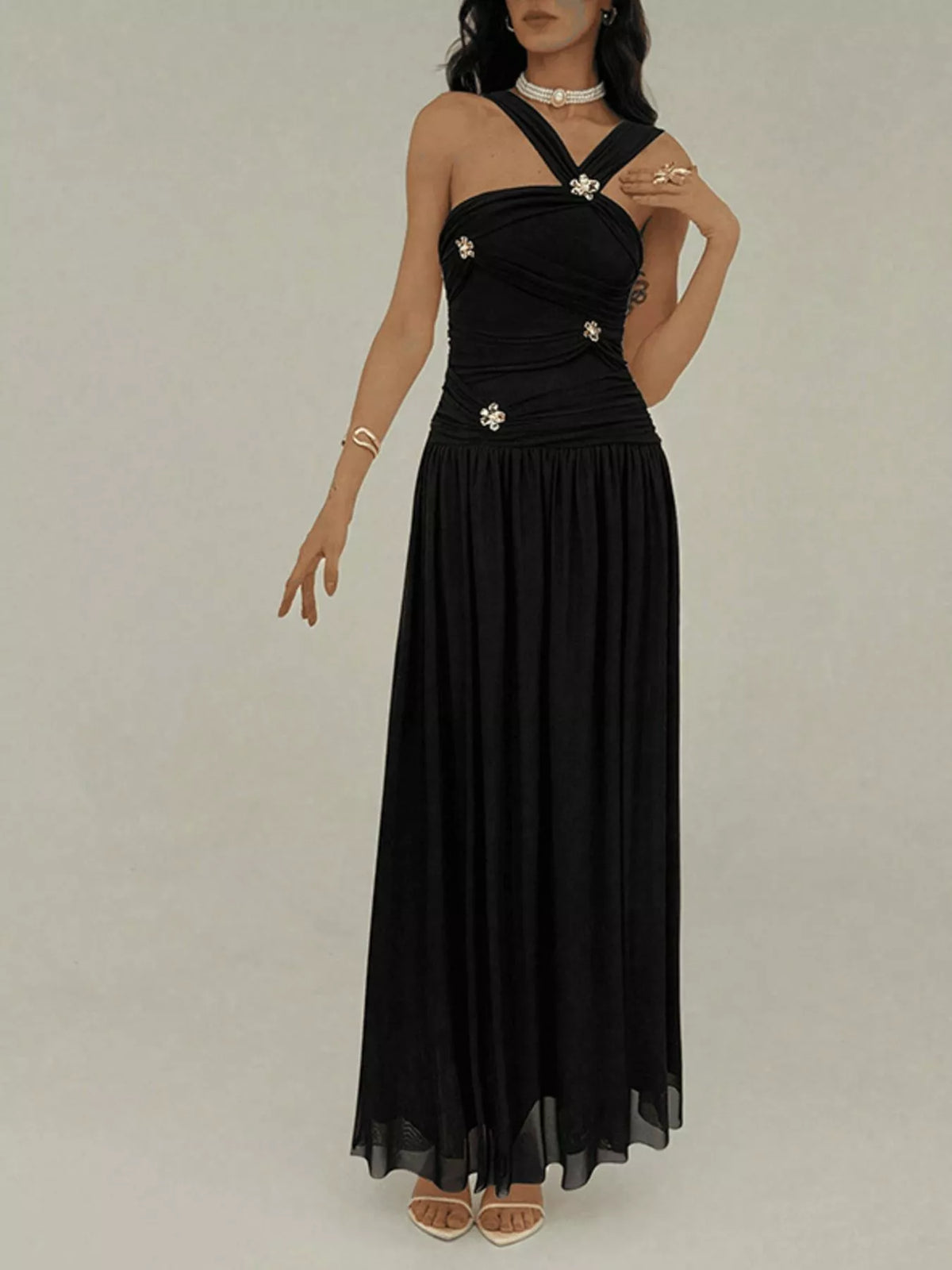 Ruched Sleeveless Maxi Dress with Embellishments in Black