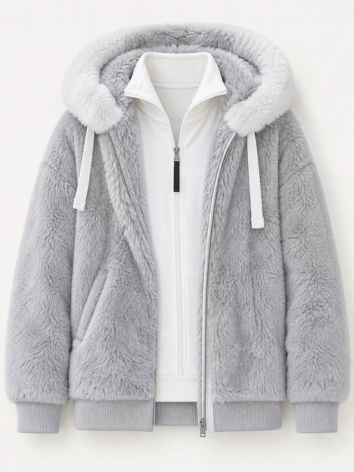 Faux Fur Hooded Zip-Up Jacket in White