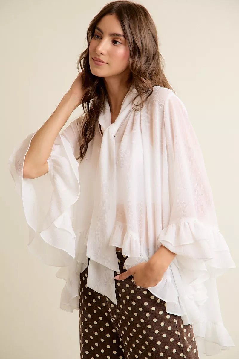 So Me Sheer Ruffle Bell-Sleeve Blouse in White