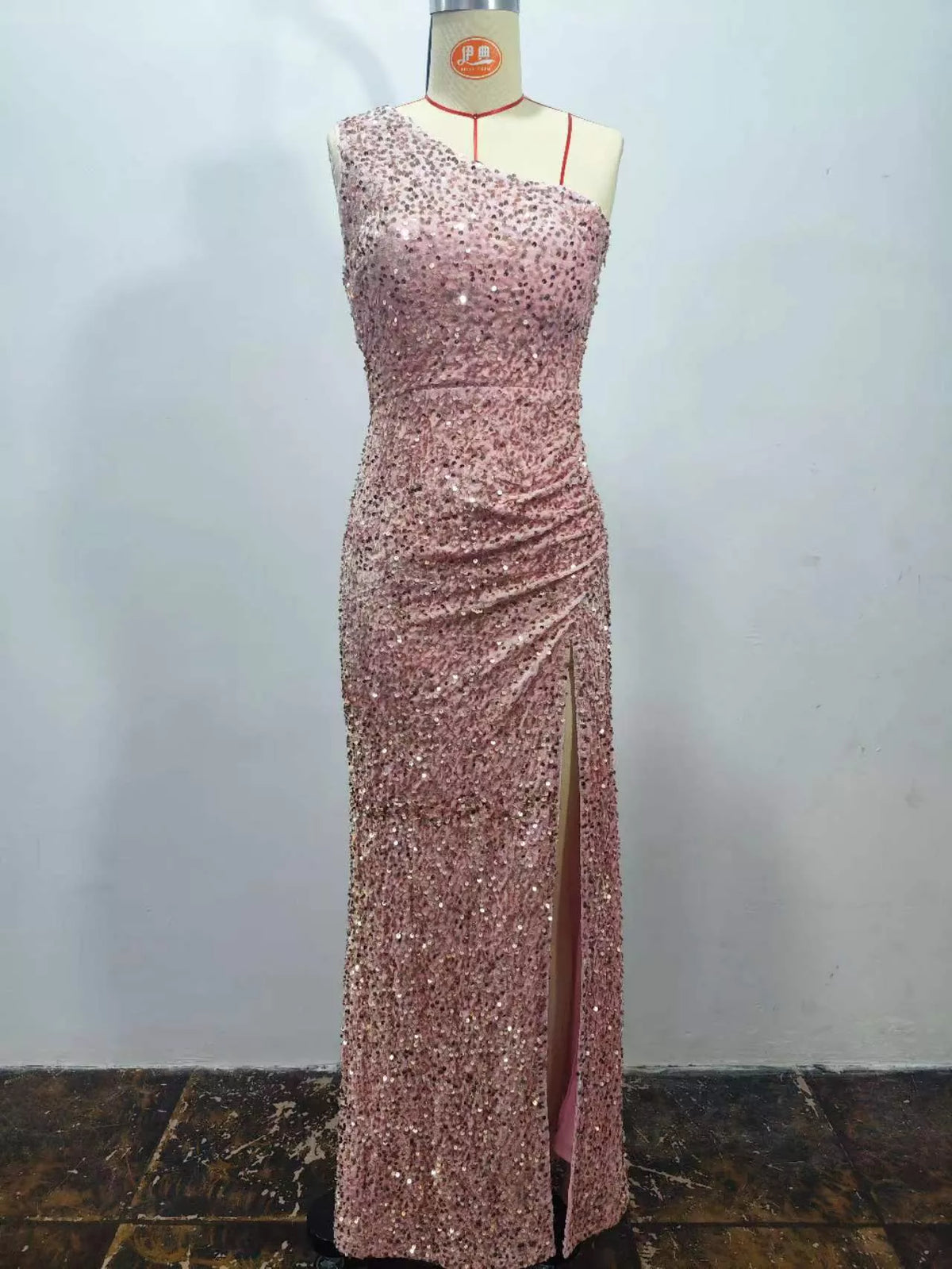 One-Shoulder Sequin High-Slit Evening Dress