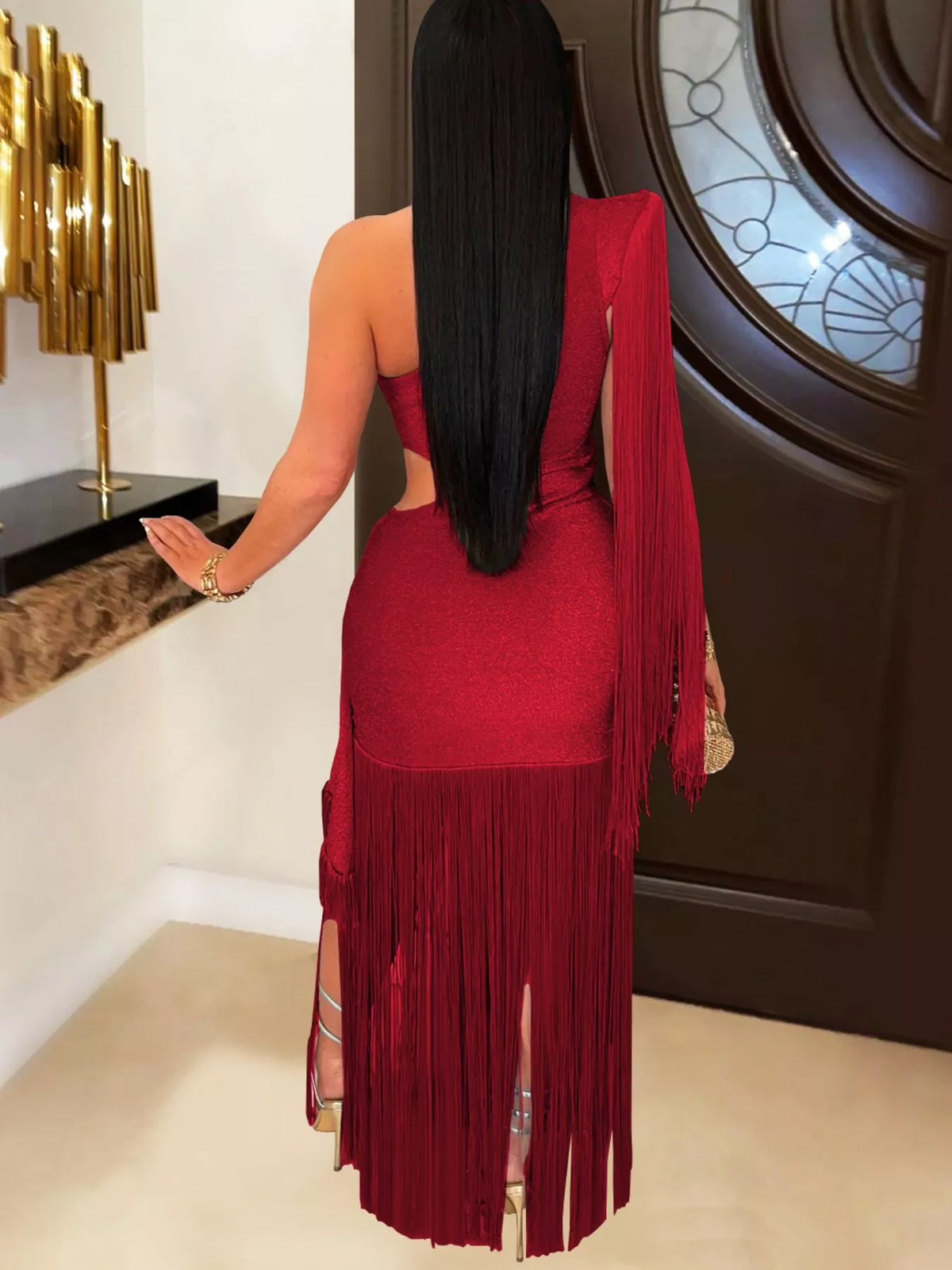 One-Shoulder Cutout Fringe Bodycon Dress