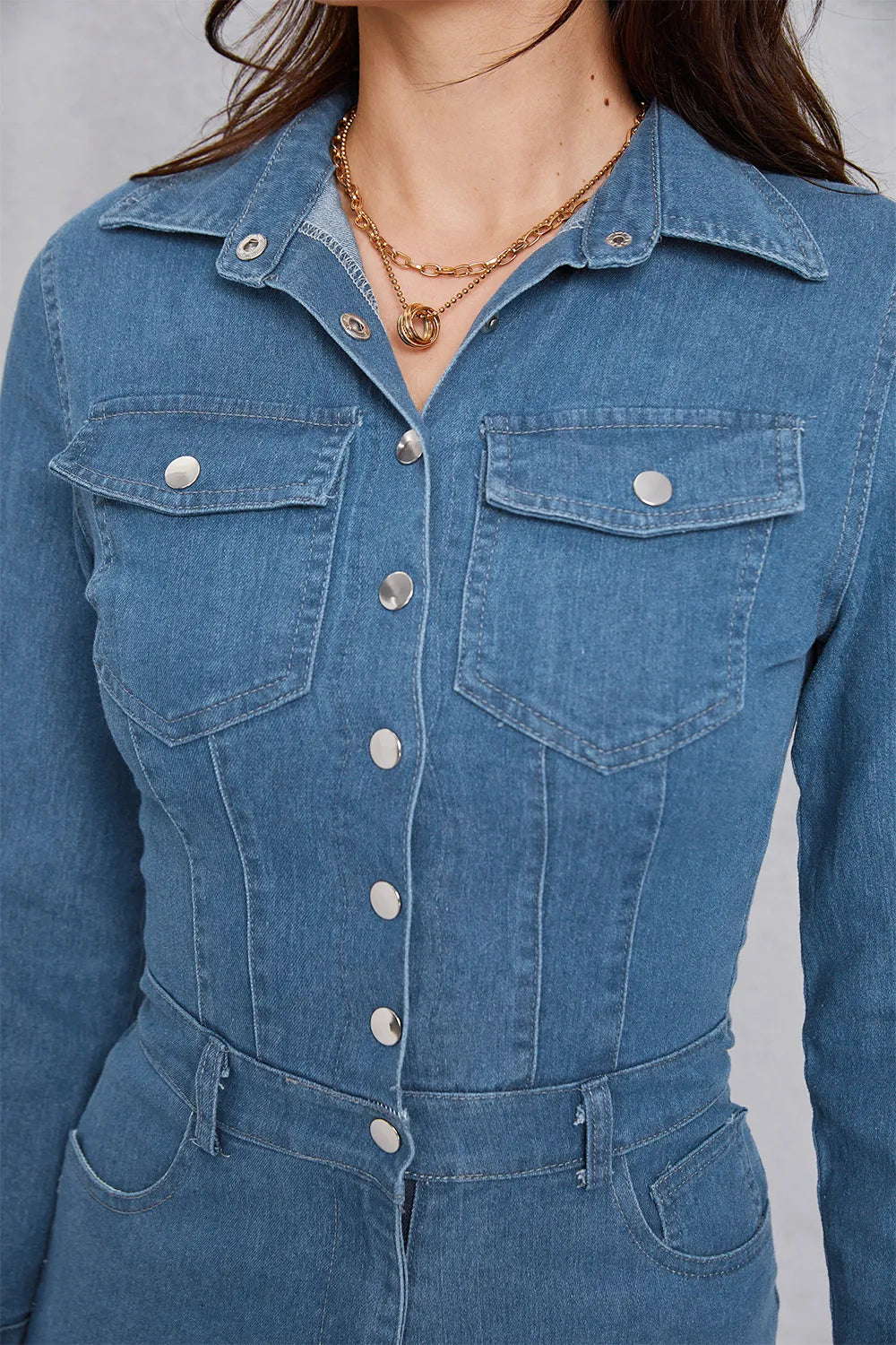Snap-Down Denim Jumpsuit in Medium Wash by DE.C.H & K.M