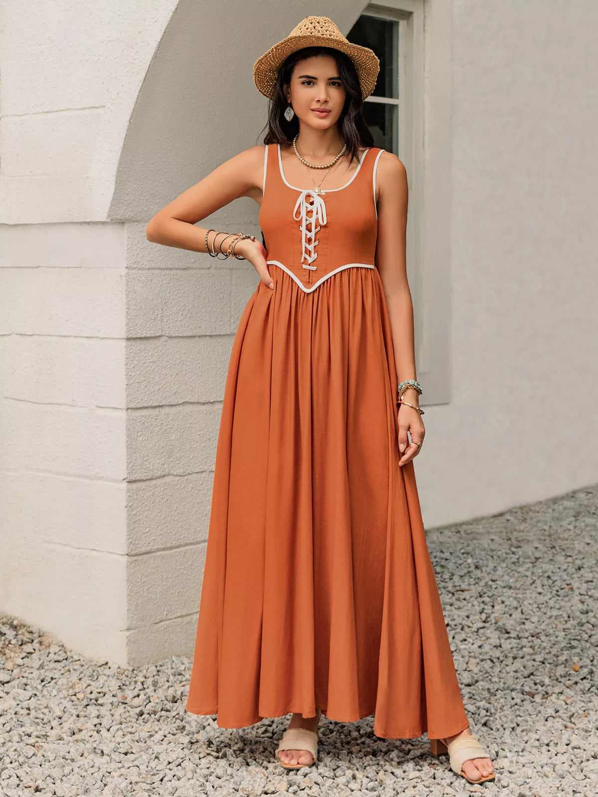 Contrast Trim Lace-Up Maxi Tank Dress in Terracotta