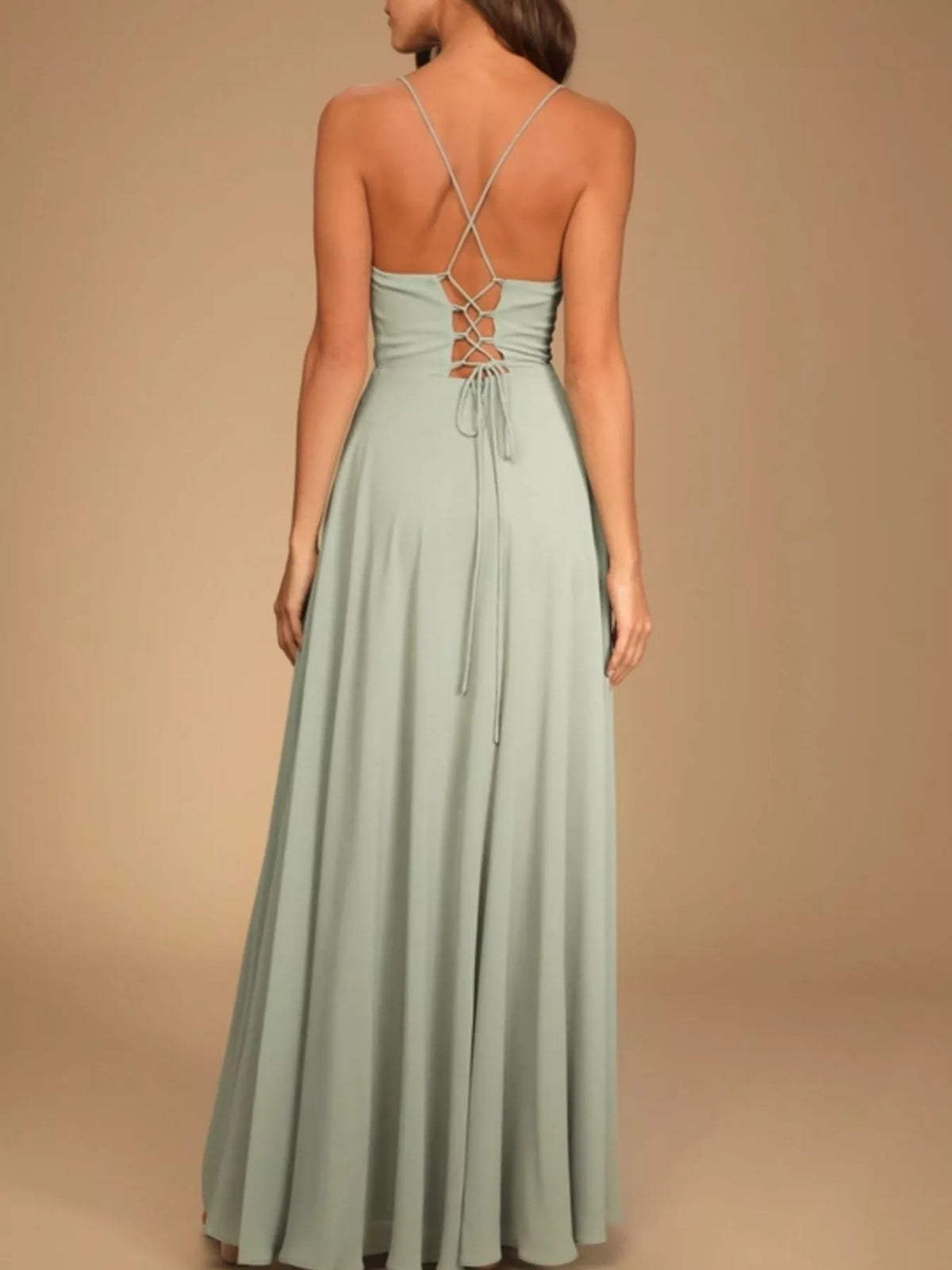 Backless Lace-Up Slit Cowl Neck Maxi Dress by Elegant Elements