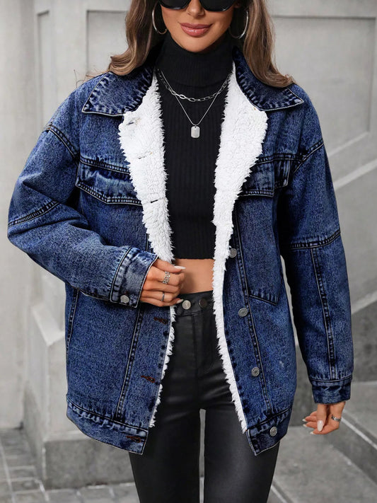 Sherpa-Lined Button-Up Denim Jacket in Dark Blue