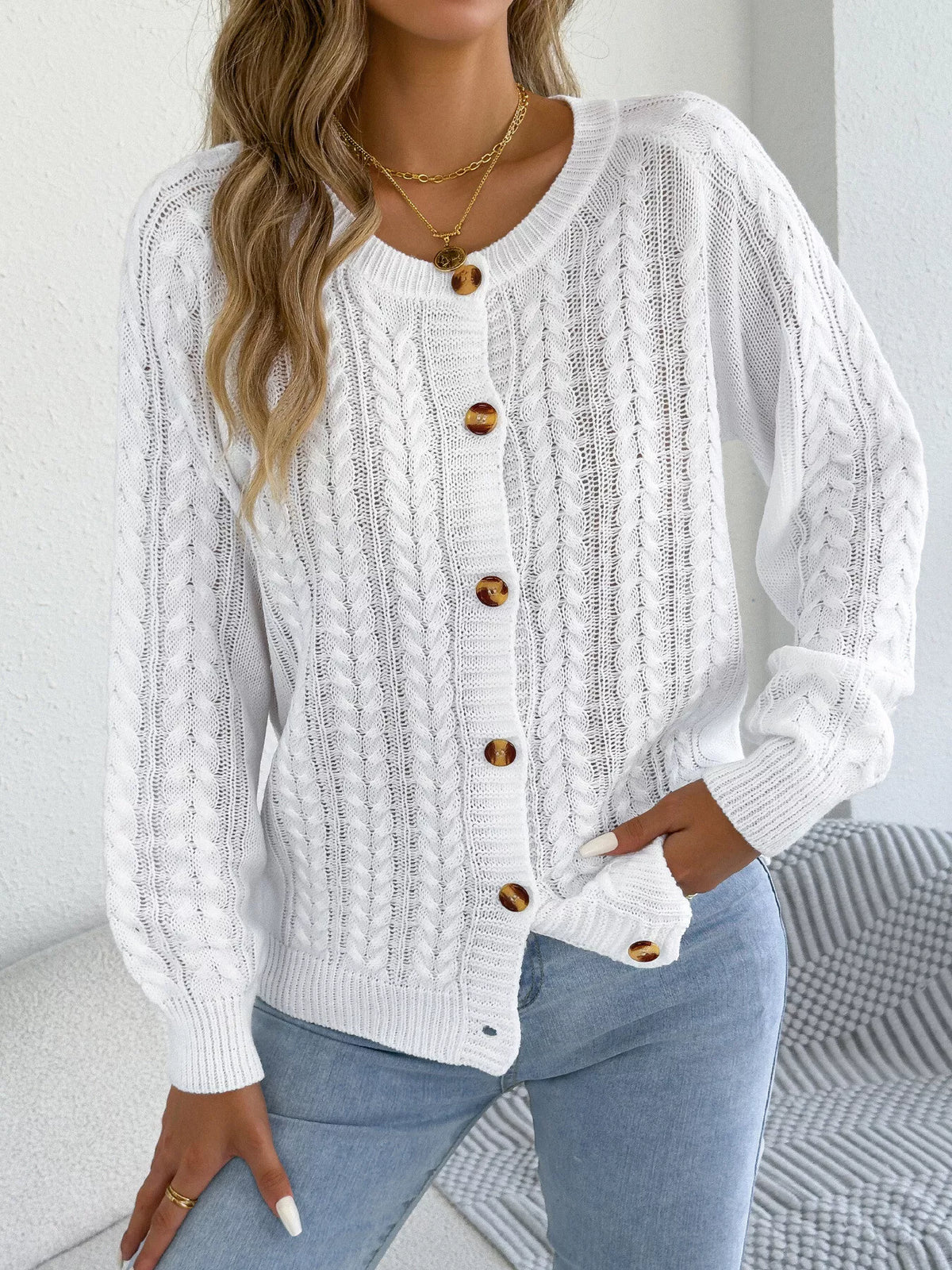 Cable-Knit Button-Front Cardigan by Clise