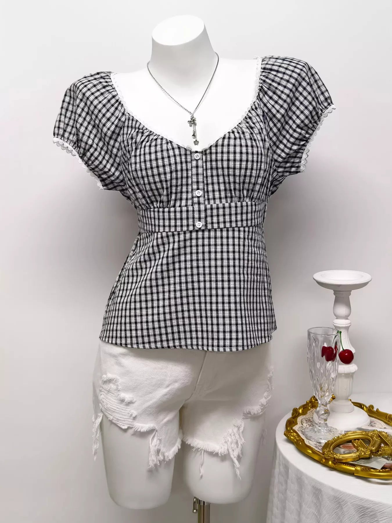 Plaid Short Sleeve Blouse in Black