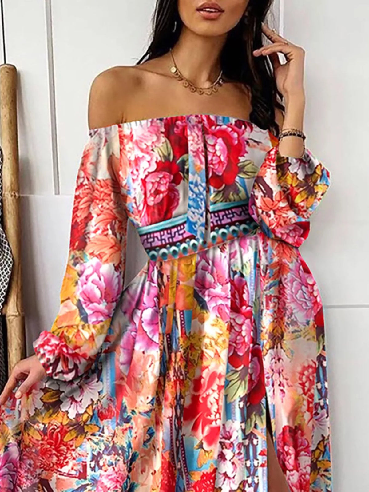 Printed Off-Shoulder Maxi Dress with Slit