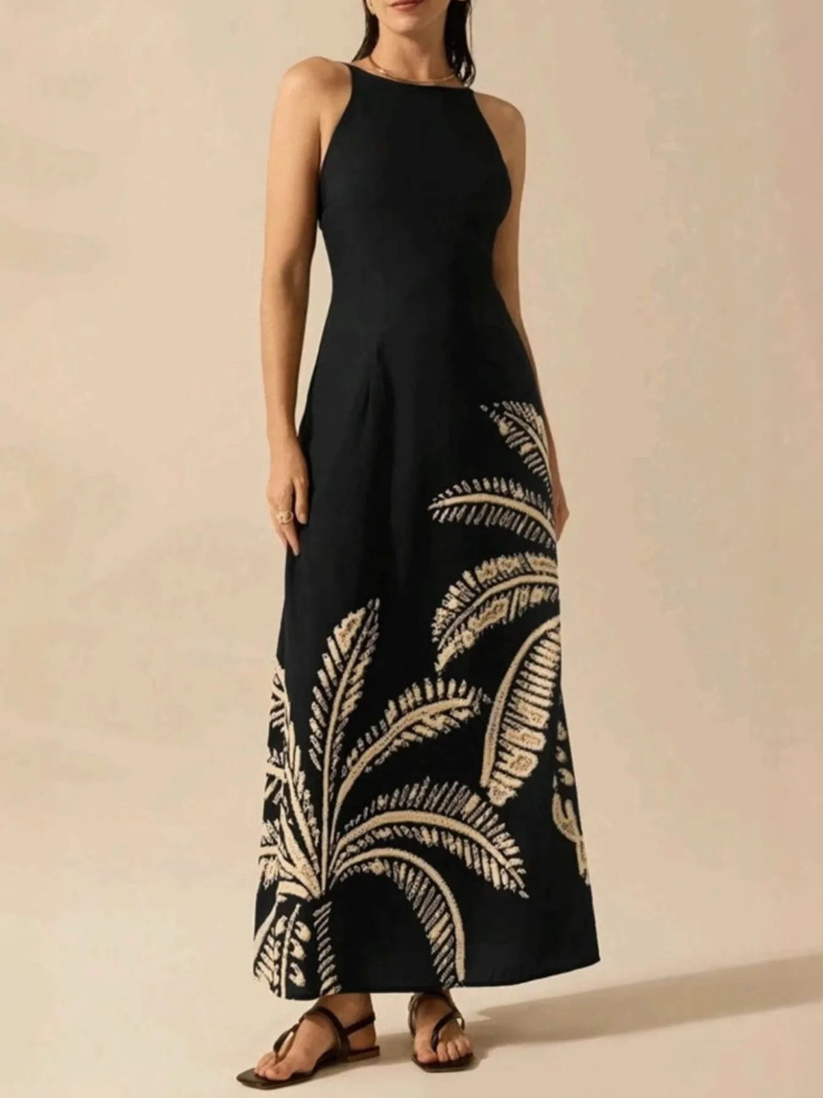 Printed Sleeveless Maxi Dress with Tie Detail by Rosaline