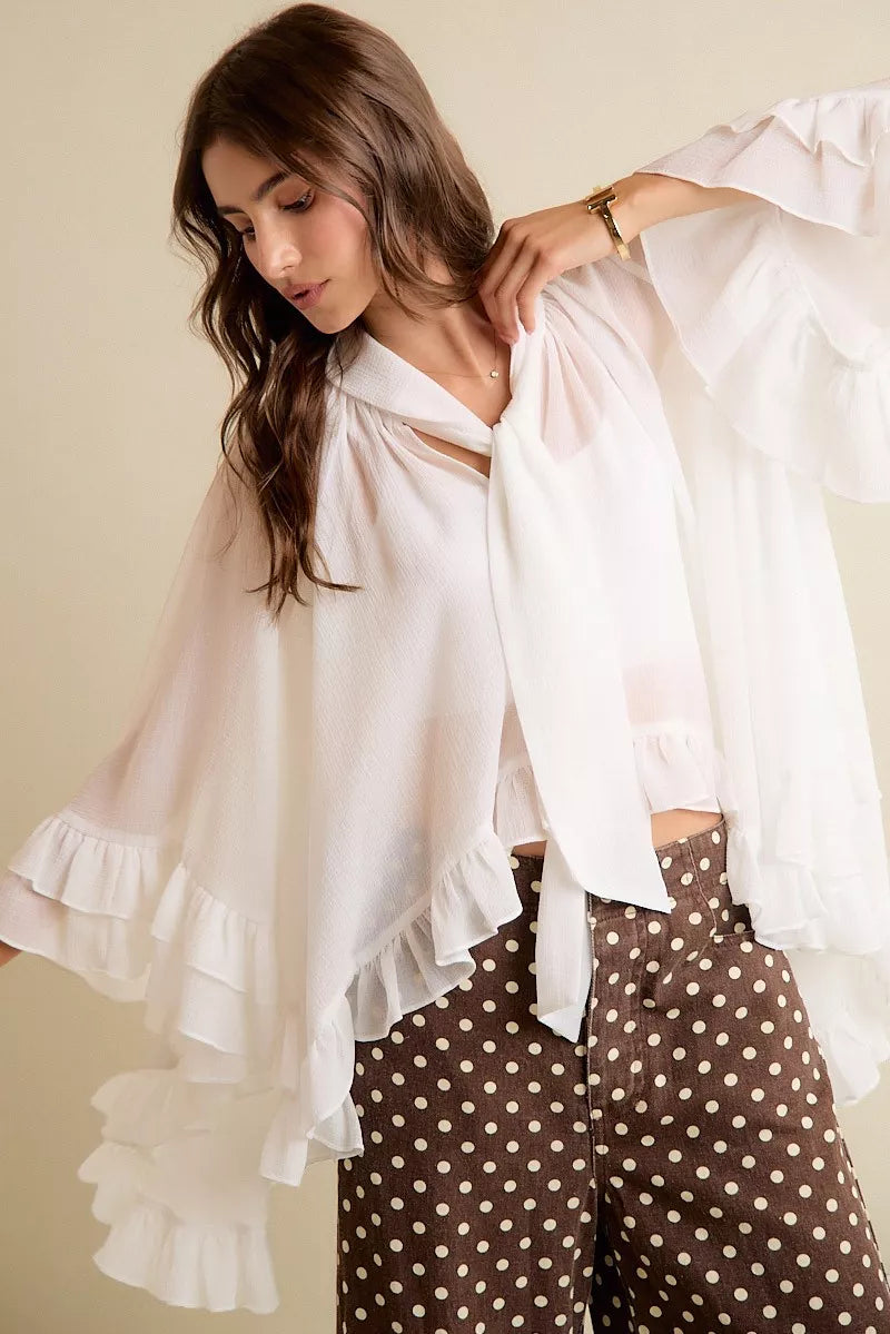 So Me Sheer Ruffle Bell-Sleeve Blouse in White
