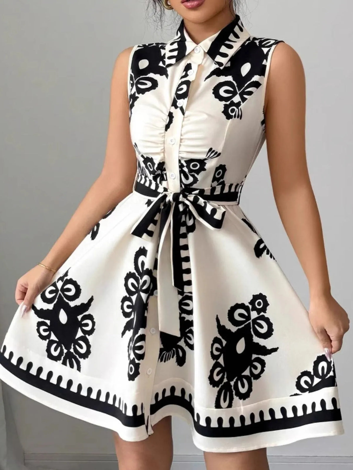 Printed Sleeveless Tie-Waist Mini Dress