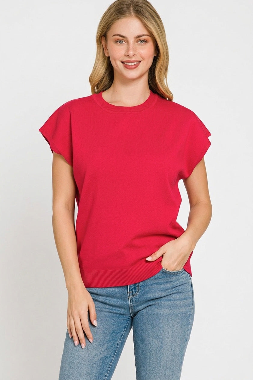 Zenana Round Neck Short Sleeve Sweater in Red