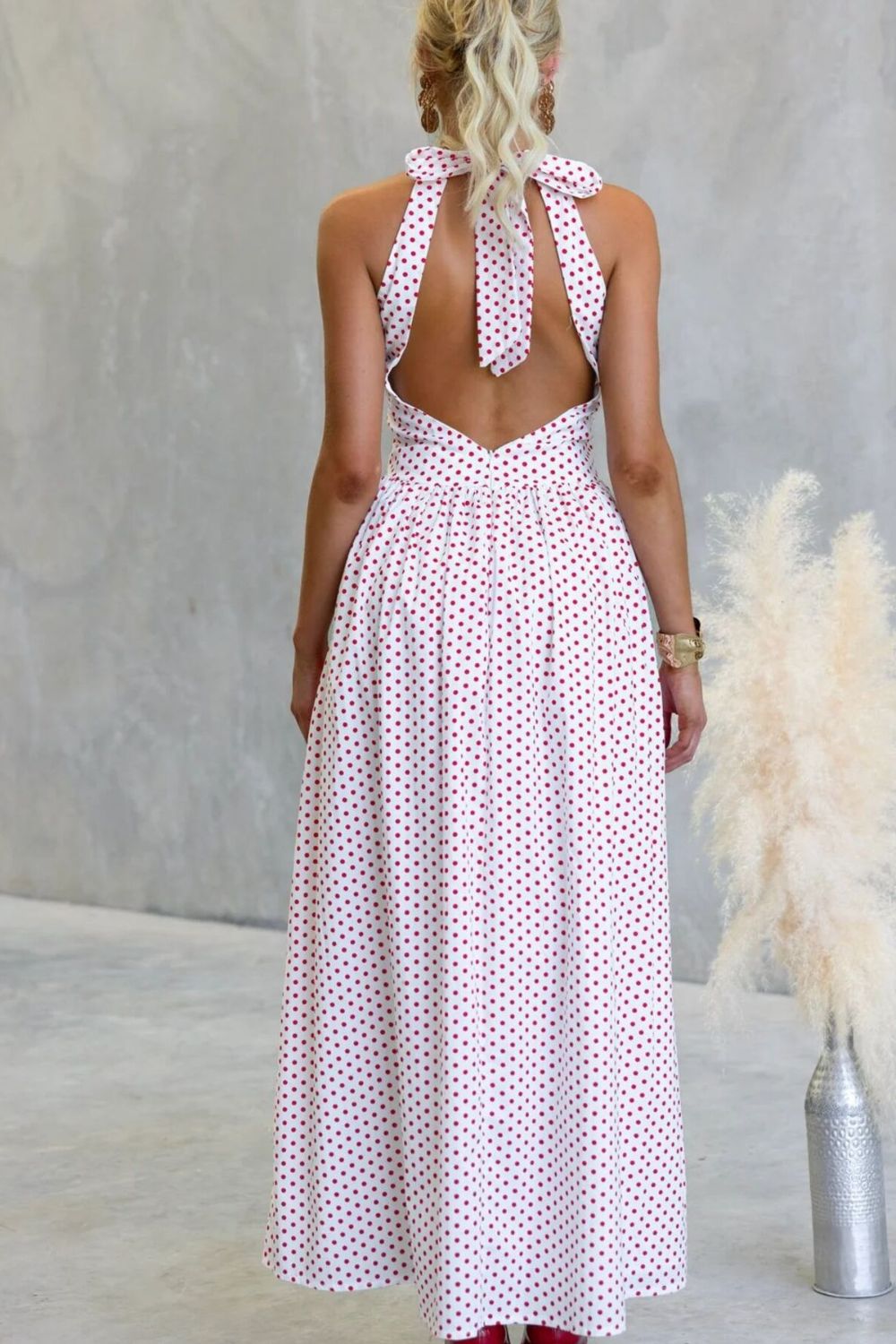 Backless Polka Dot Halter Maxi Dress