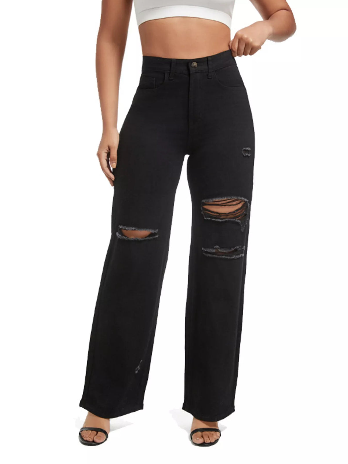 Distressed Wide Leg Jeans with Cat's Whisker Detail