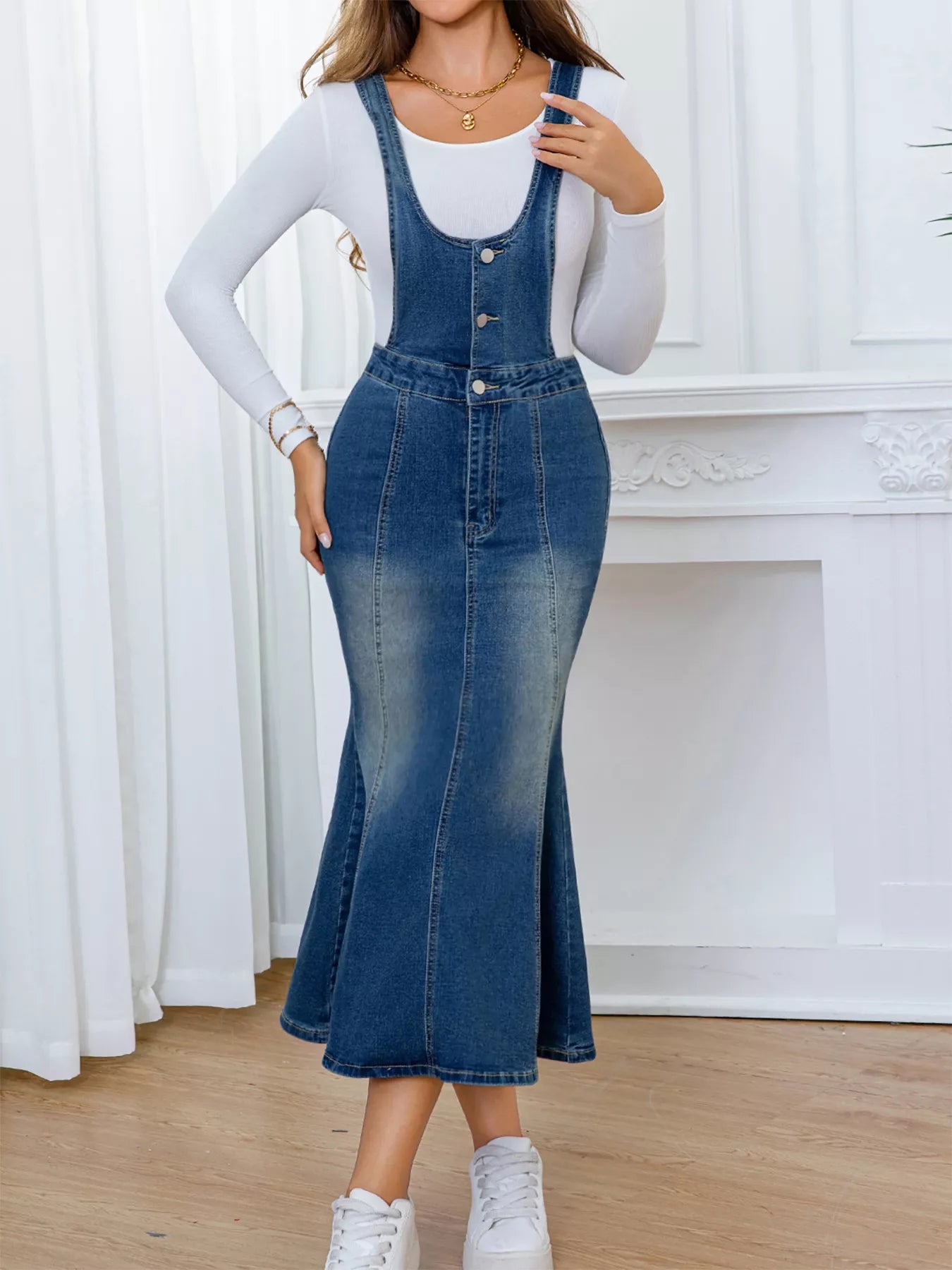 Button-Front Fishtail Denim Overall Dress in Blue by Lone Star Lady