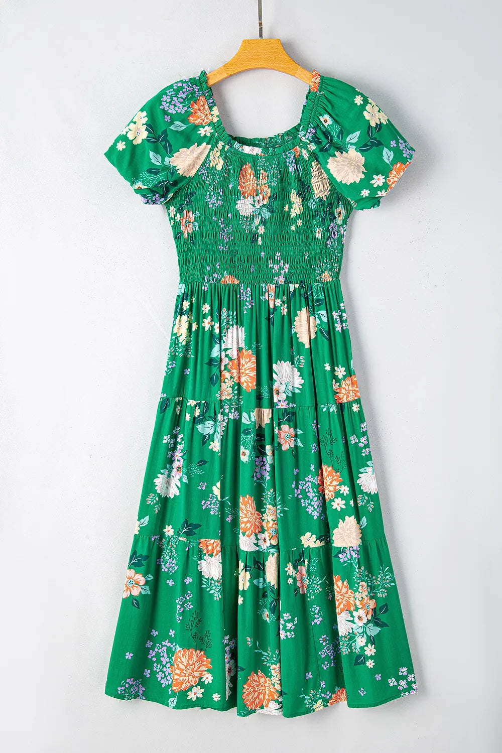 Floral Bubble Sleeve Midi Dress in Dark Green