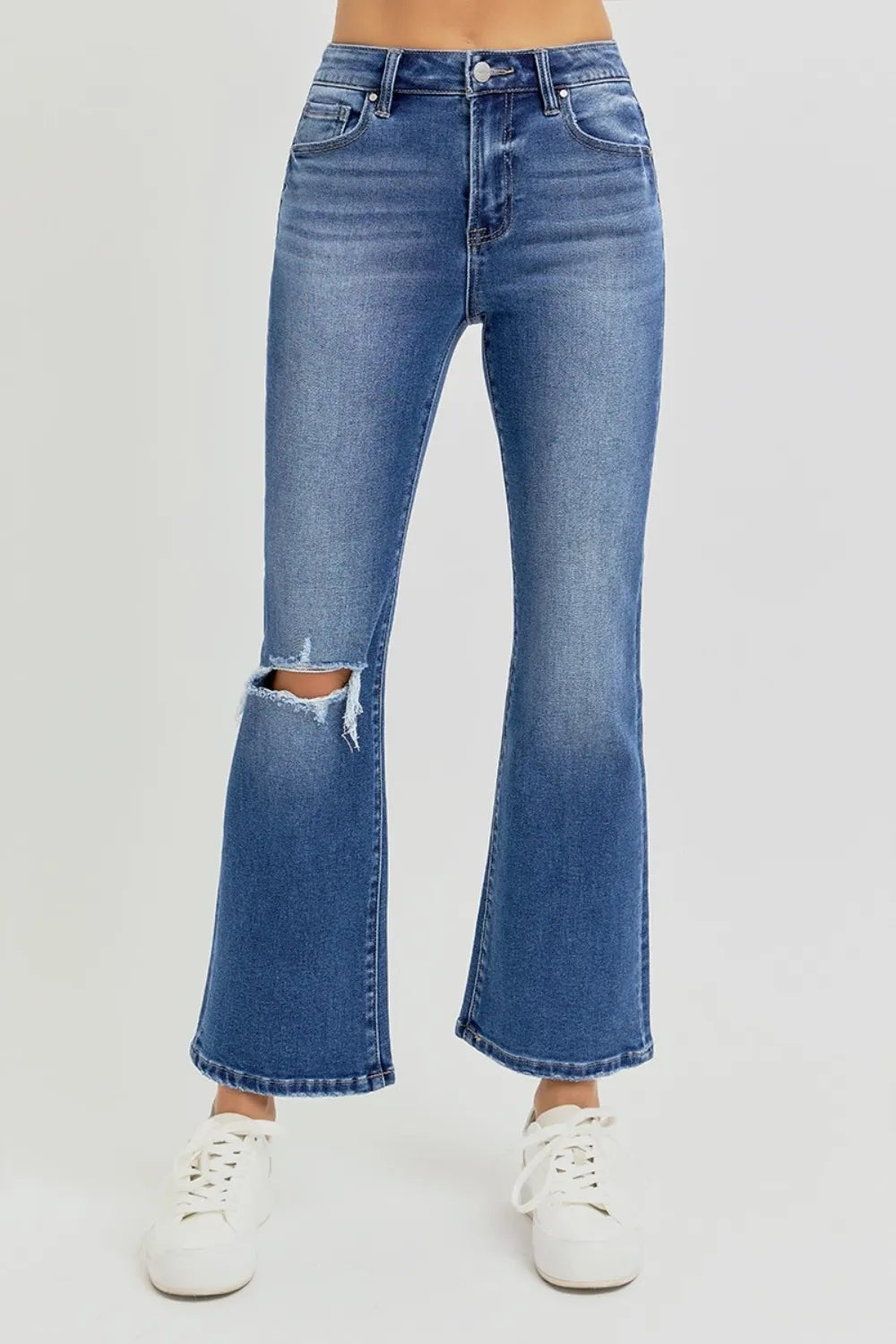 Risen High Rise Distressed Crop Flare Jeans in Dark