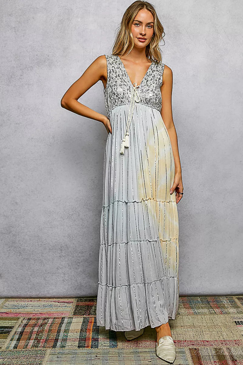 Deep V Tiered Maxi Dress in Light Grey Multi by POL