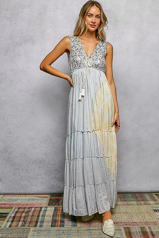 Deep V Tiered Maxi Dress in Light Grey Multi by POL